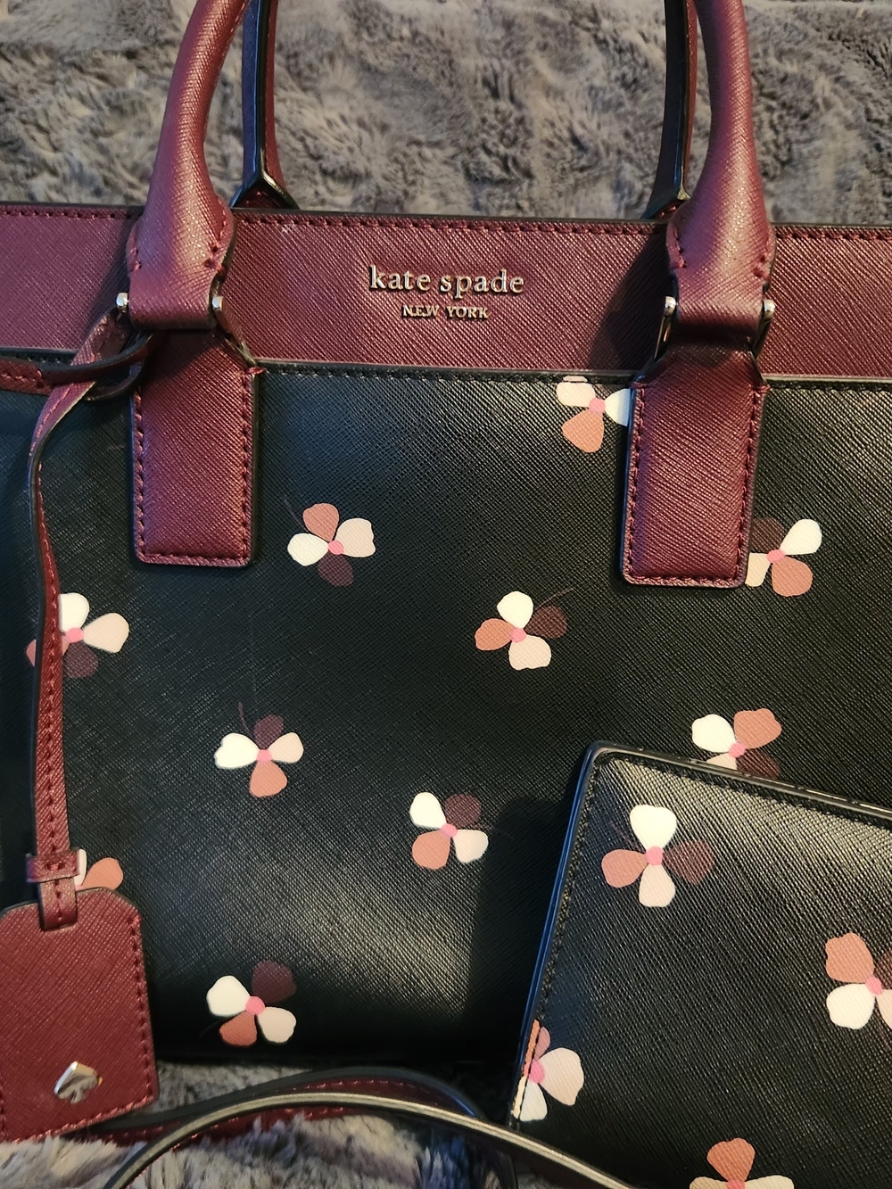 kate spade Black Floral Saffiano Leather Satchel with Berry Trim